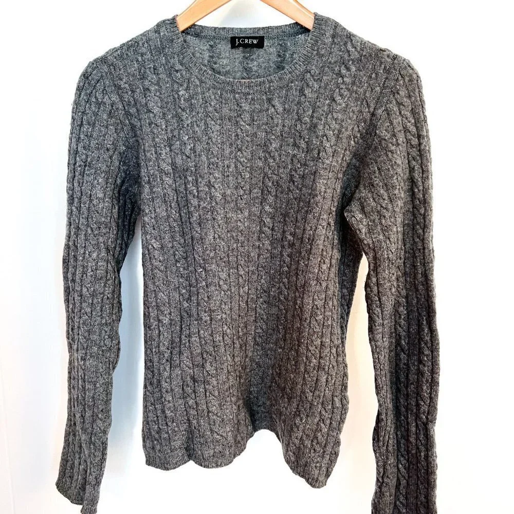 J. Crew Cable Knit Wool Blend Crew Neck Sweater in Gray Size Small